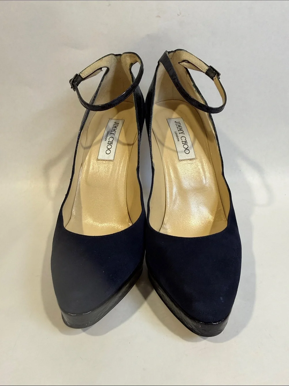 Jimmy Choo Navy Suede and Snake Pointed-Toe Ankle Strap Heels EU 39 US 9